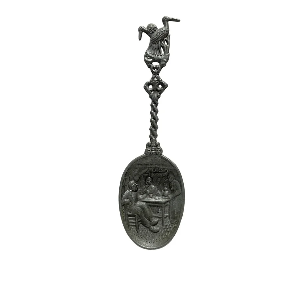 Vintage Dutch‎ Pewter Spoon Volendam Netherlands Stork Handle Tavern on Bowl